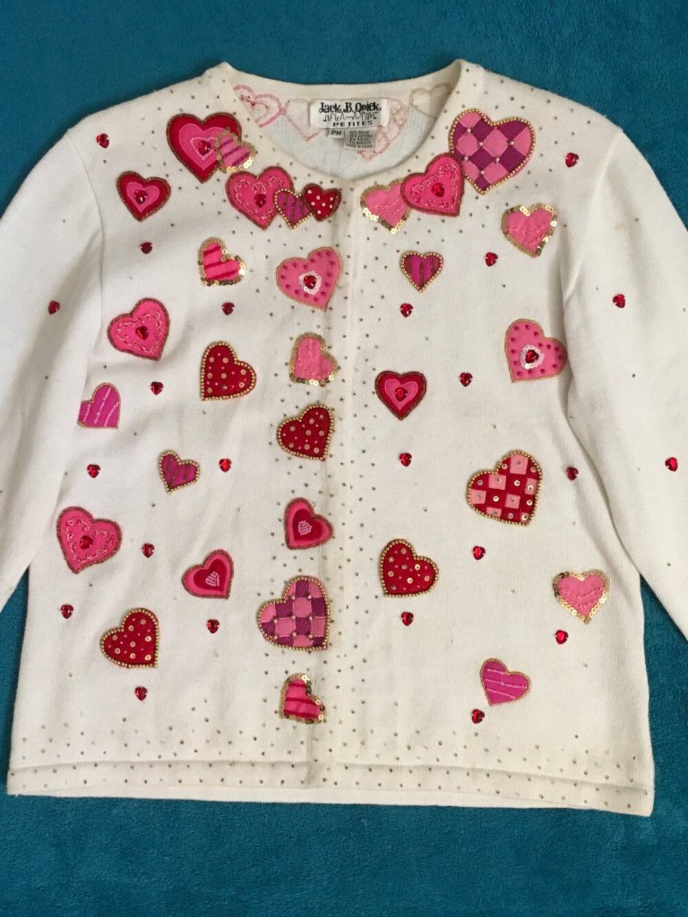 Jack B. Quick Petite Ivory Heart Valentines Beads 3/4 Sleeve Cardigan Sweater PM